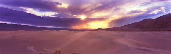 Panorama Landscape Photography Sun's Golden Rays, Mesquite Flat Sand Dunes, Death Valley